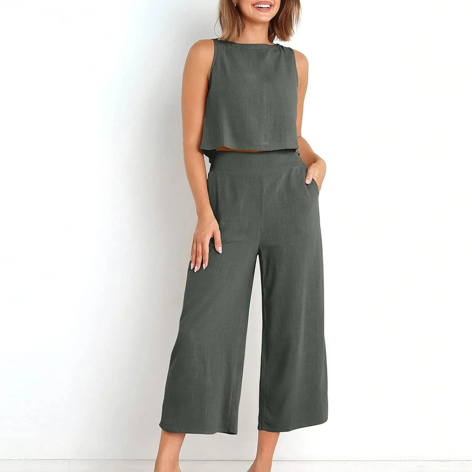 2 Piece Outfits for Women Summer Casual Tanks Cotton Linen Crop Tops w Wide Leg Pants Linen Trousers Fashion Clothes