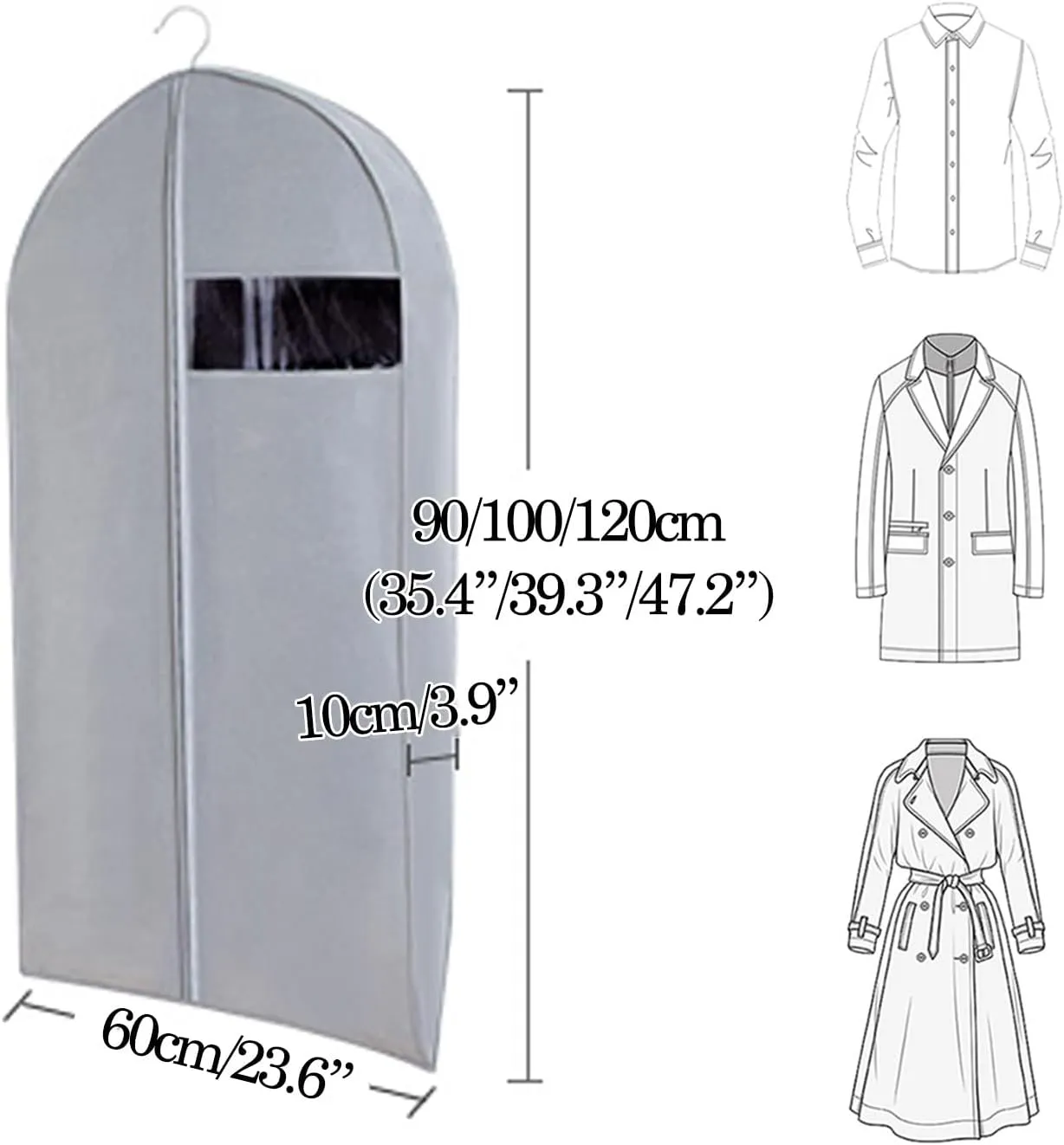 5 Psc Garment Bags for Hanging Clothes, Non-woven Fabrics Suit Bags, Hanging Clothes Bag with Clear Window for T-Shirts, Jackets(Gray,60x10x90cm)