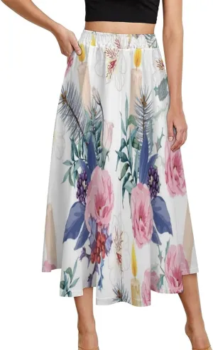 Adorable Candle Flowers Printed Midi Skirt High Elastic Waist Ruffling Bohemia Mini Club Skirts