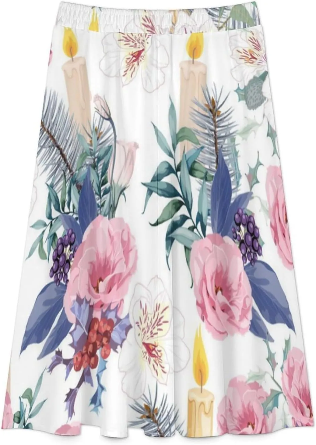 Adorable Candle Flowers Printed Midi Skirt High Elastic Waist Ruffling Bohemia Mini Club Skirts