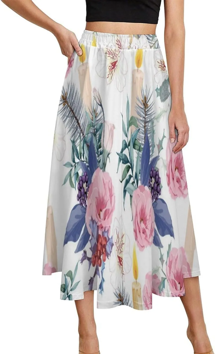 Adorable Candle Flowers Printed Midi Skirt High Elastic Waist Ruffling Bohemia Mini Club Skirts