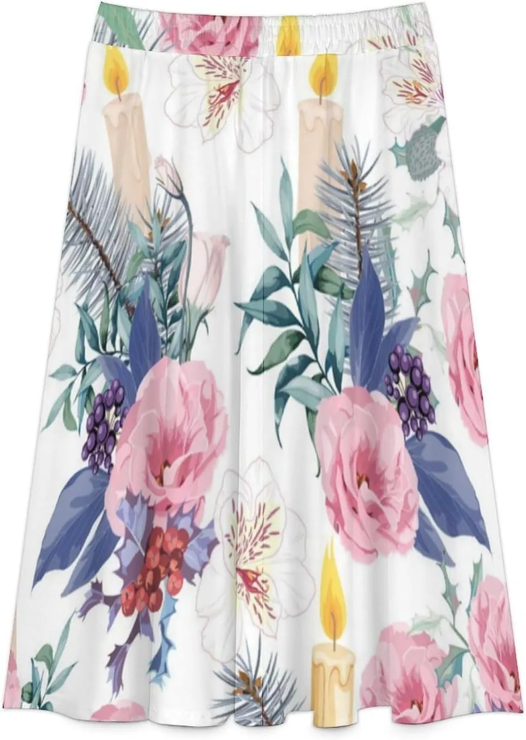 Adorable Candle Flowers Printed Midi Skirt High Elastic Waist Ruffling Bohemia Mini Club Skirts