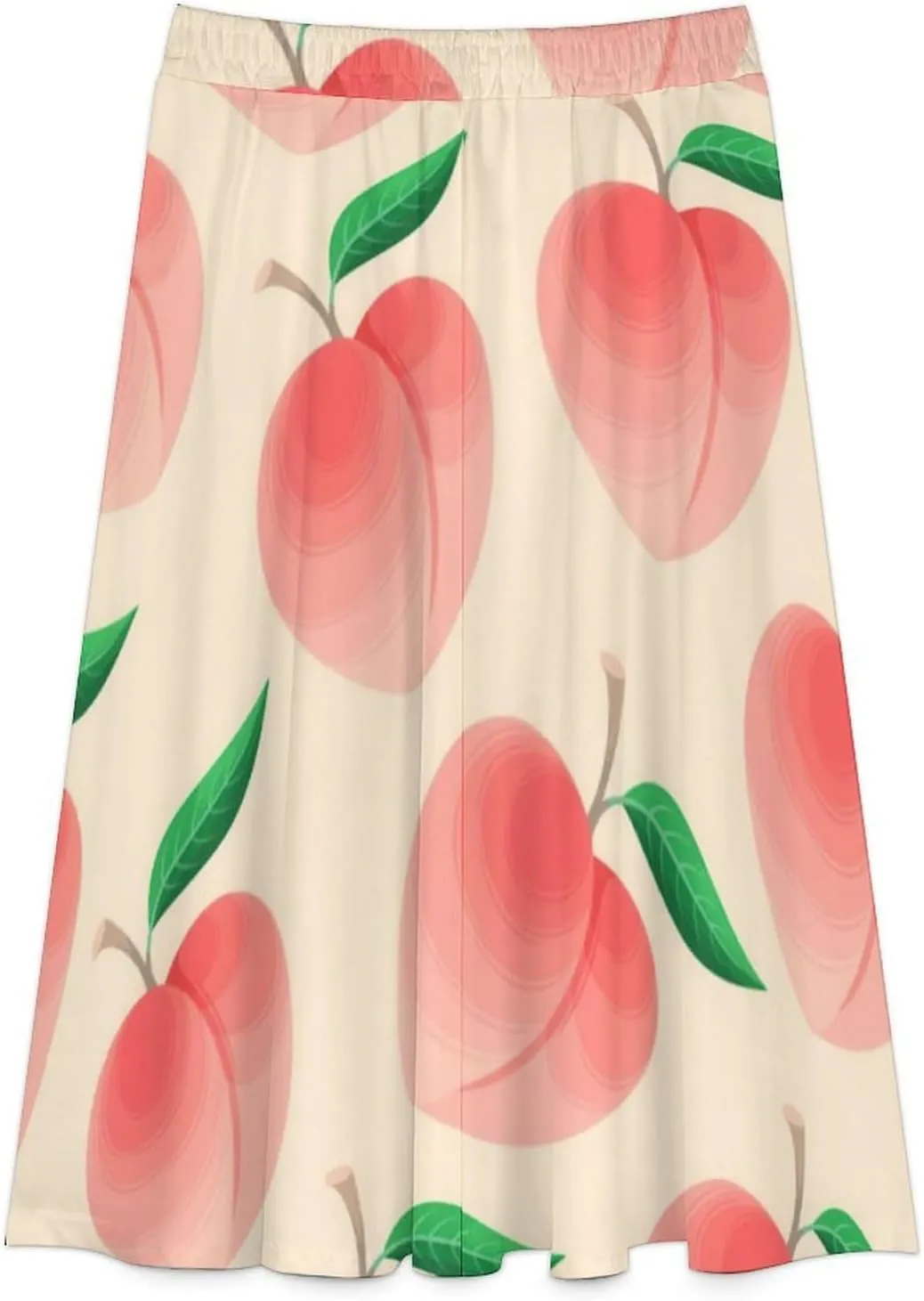 Adorable Pink Peaches Printed Midi Skirt High Elastic Waist Pleated Flowy Spring Skirts