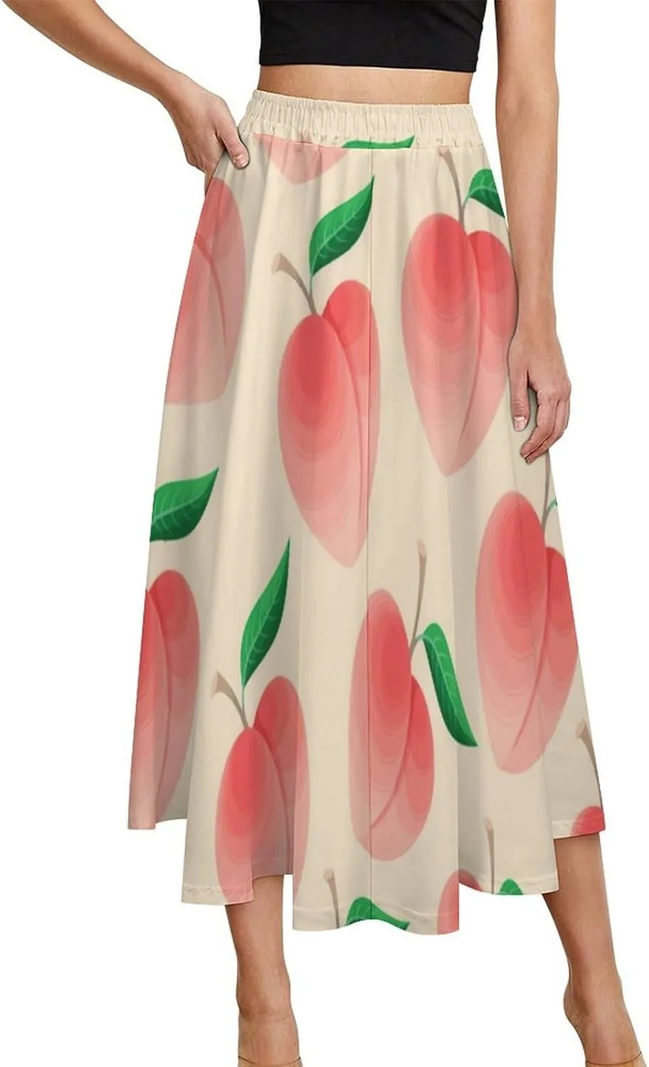 Adorable Pink Peaches Printed Midi Skirt High Elastic Waist Pleated Flowy Spring Skirts