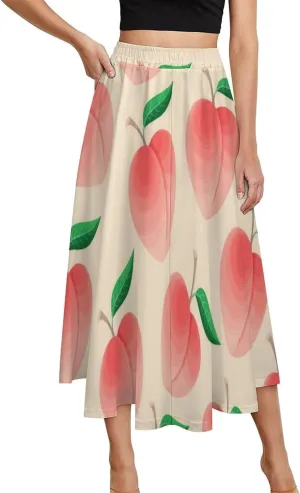 Adorable Pink Peaches Printed Midi Skirt High Elastic Waist Pleated Flowy Spring Skirts