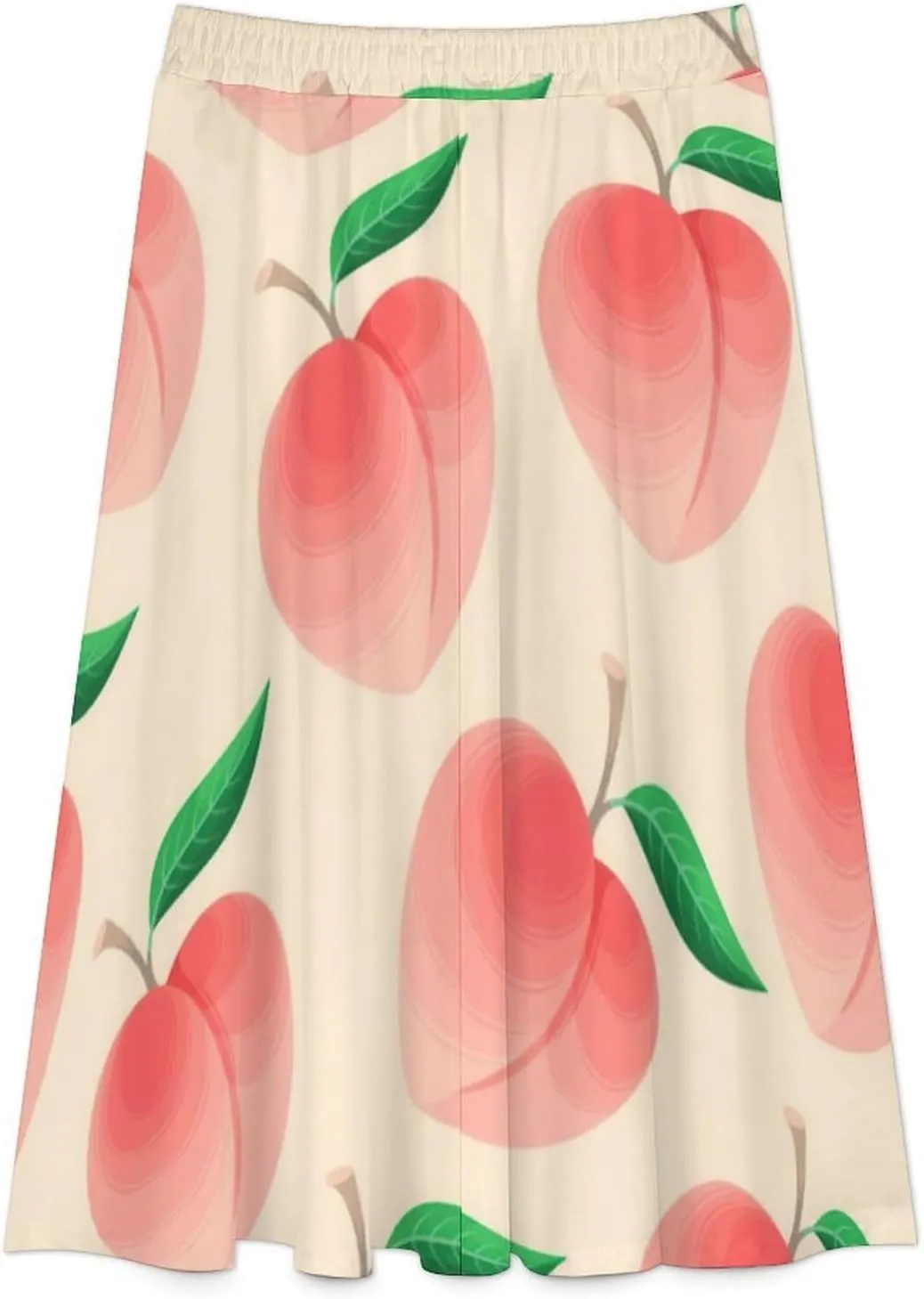 Adorable Pink Peaches Printed Midi Skirt High Elastic Waist Pleated Flowy Spring Skirts