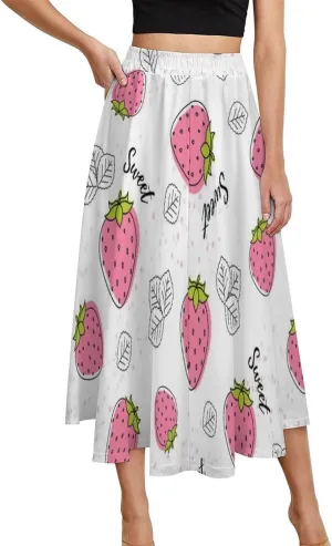 Adorable Pink Strawberry Print Midi Skirt High Elastic Waist Ruffling Flowy Summer Skirts