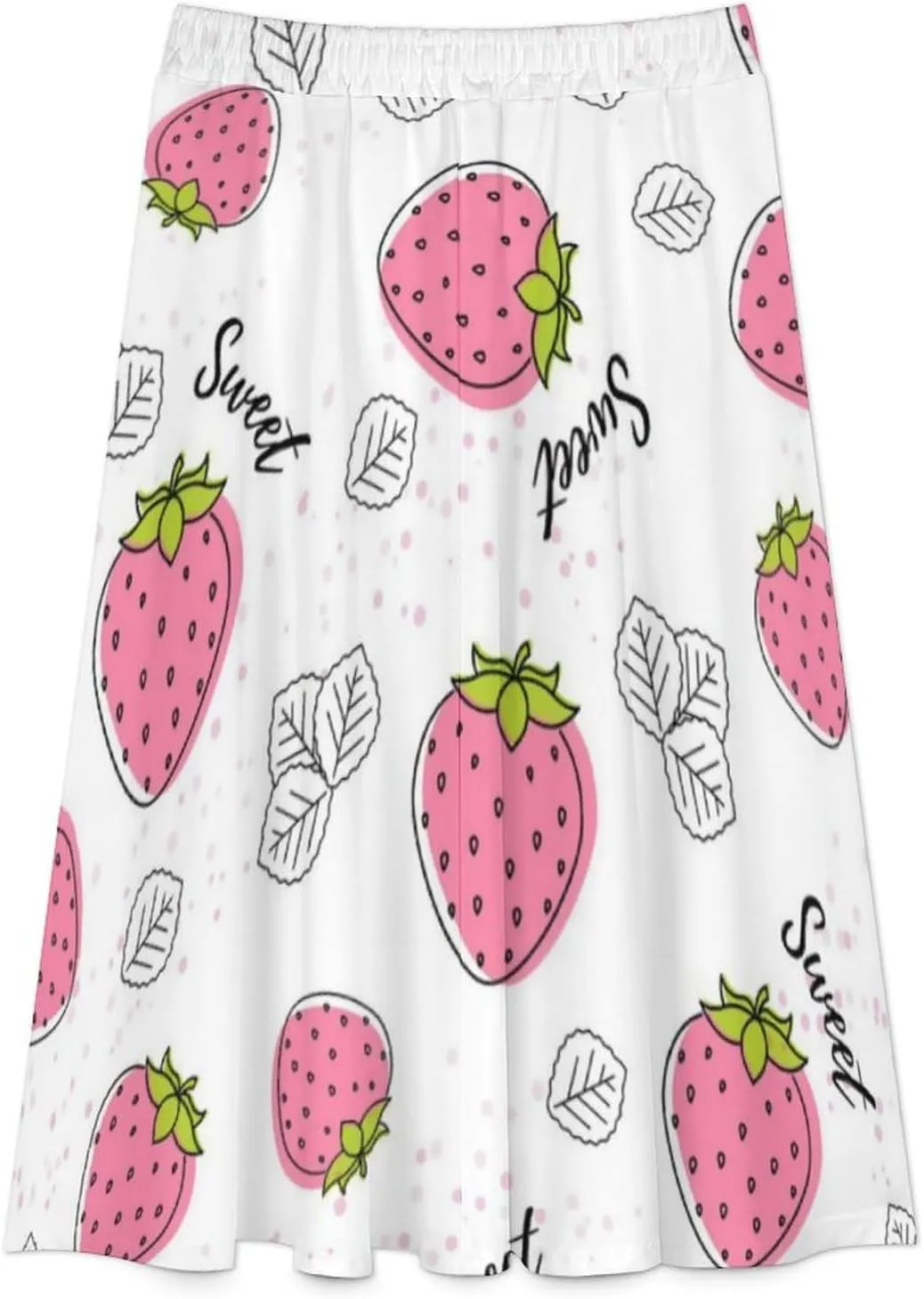 Adorable Pink Strawberry Print Midi Skirt High Elastic Waist Ruffling Flowy Summer Skirts