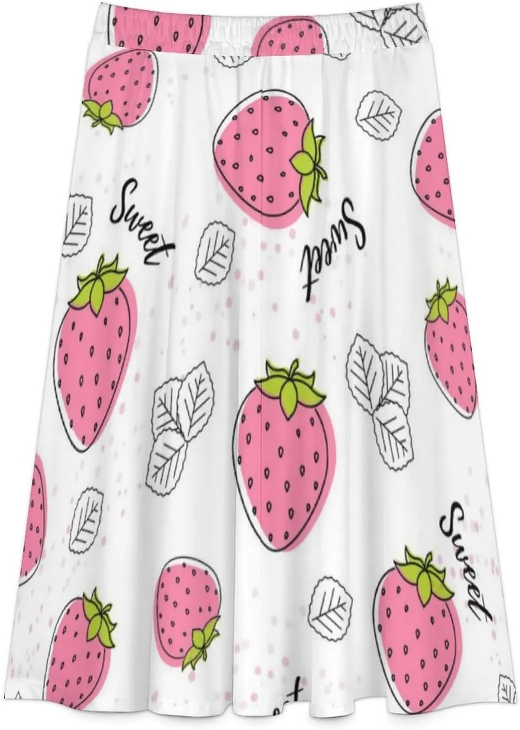 Adorable Pink Strawberry Print Midi Skirt High Elastic Waist Ruffling Flowy Summer Skirts