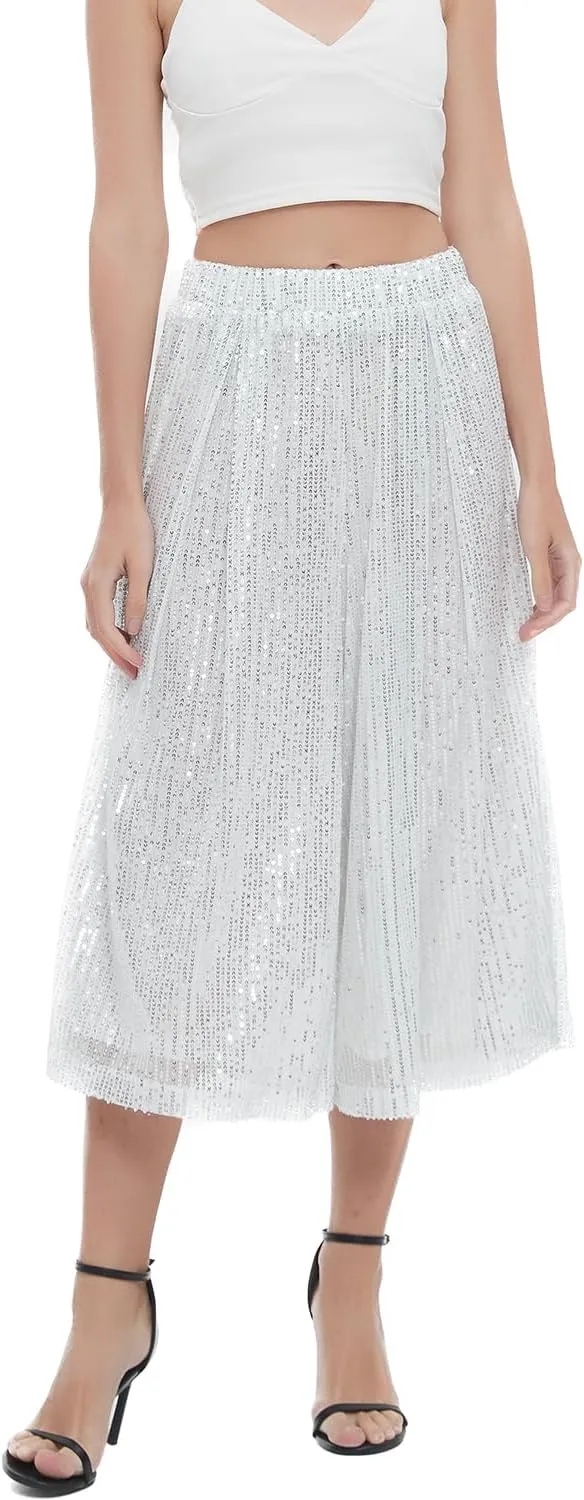 Aelidiya Women's Glitter Sequin Wide Leg Loose Pants Capri Pants Sequin Dress Pants Culotte