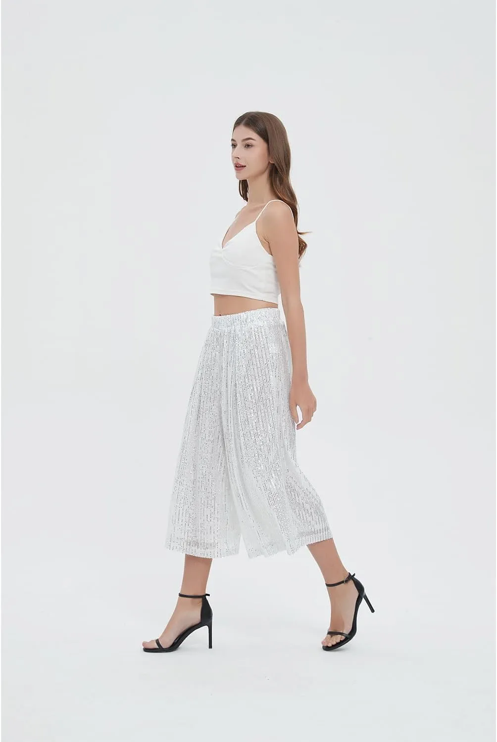 Aelidiya Women's Glitter Sequin Wide Leg Loose Pants Capri Pants Sequin Dress Pants Culotte