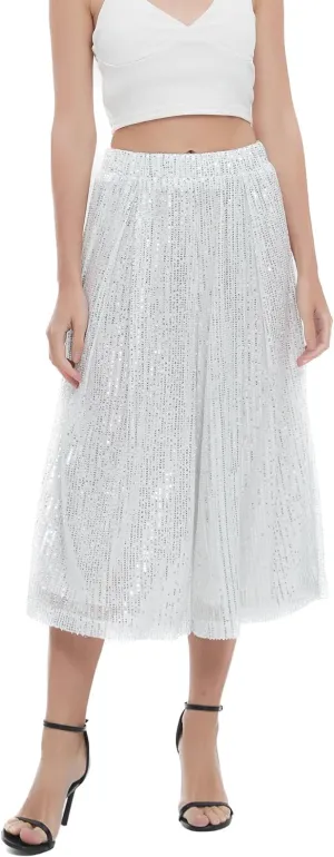 Aelidiya Women's Glitter Sequin Wide Leg Loose Pants Capri Pants Sequin Dress Pants Culotte