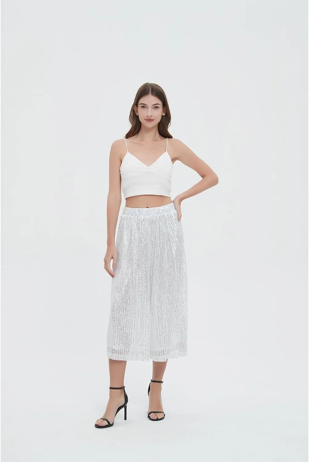 Aelidiya Women's Glitter Sequin Wide Leg Loose Pants Capri Pants Sequin Dress Pants Culotte