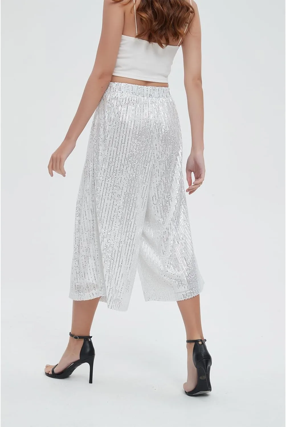 Aelidiya Women's Glitter Sequin Wide Leg Loose Pants Capri Pants Sequin Dress Pants Culotte