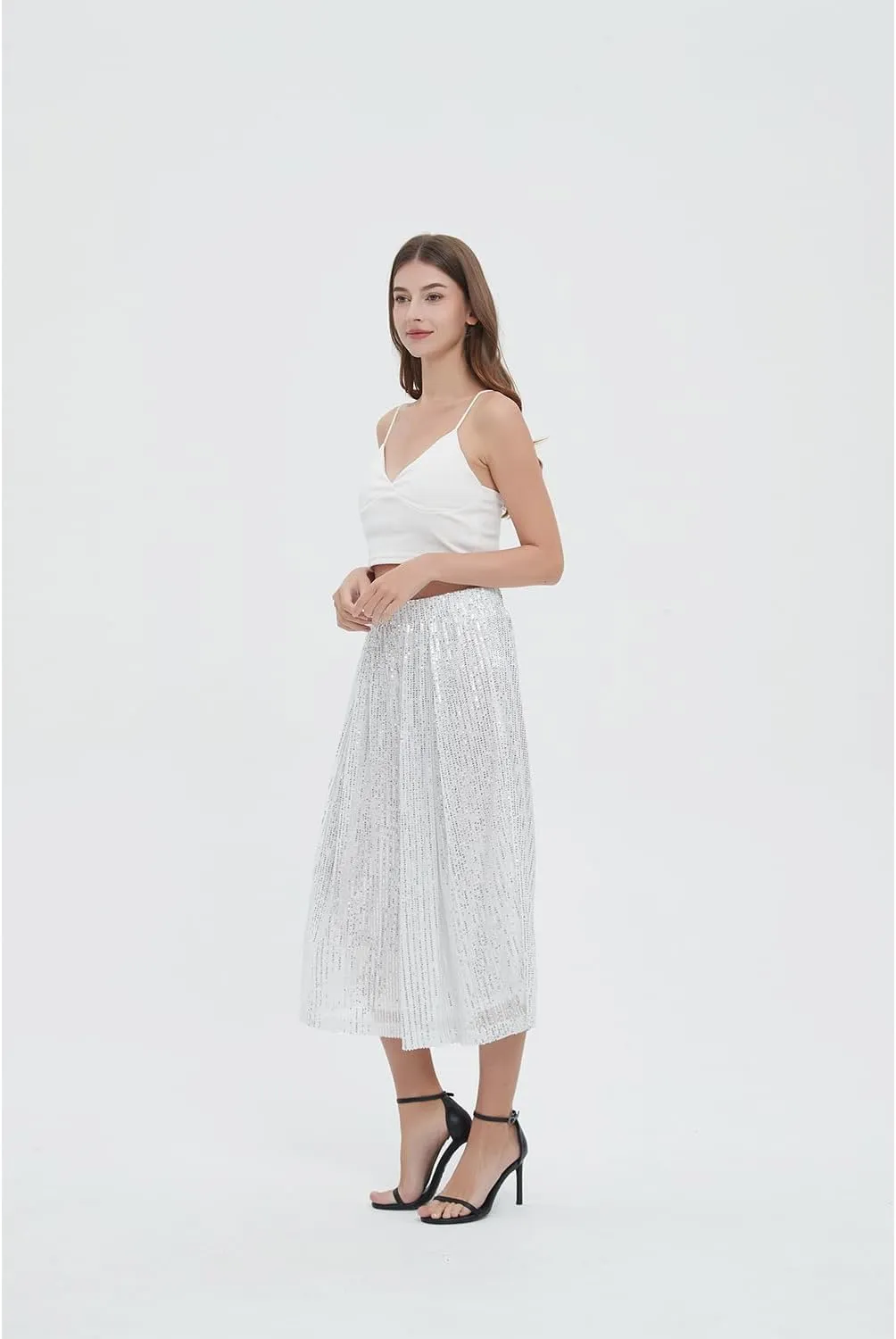 Aelidiya Women's Glitter Sequin Wide Leg Loose Pants Capri Pants Sequin Dress Pants Culotte