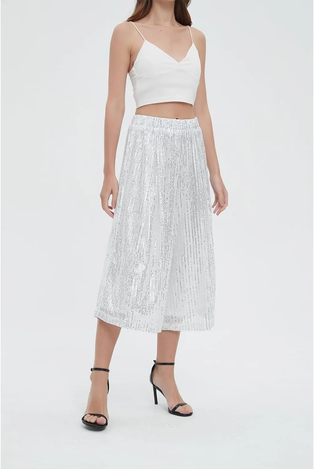 Aelidiya Women's Glitter Sequin Wide Leg Loose Pants Capri Pants Sequin Dress Pants Culotte