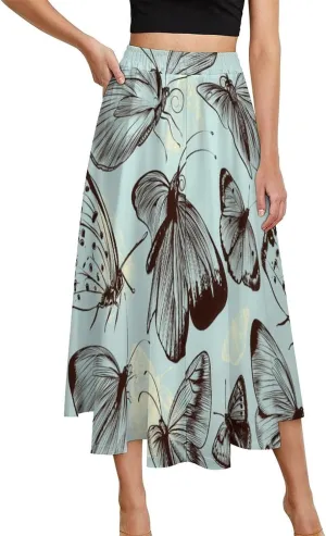Aesthetic Butterflies Flutter Print Midi Skirts High Elastic Waist Pleated Flowy Mini Club Skirt
