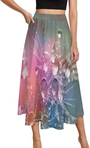 Aesthetic Drop of Water Print Midi Skirt High Elastic Waist Ruched Bohemia Party Skirts