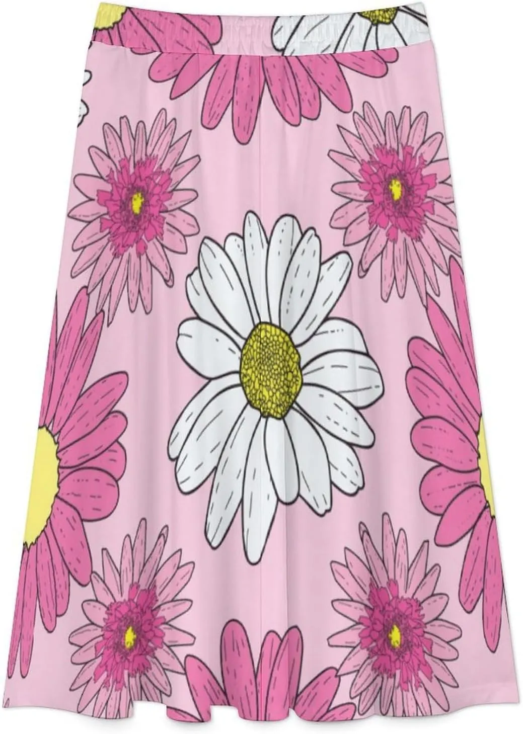 Aesthetic Pink Daisy Printed Midi Skirts High Elastic Waist Ruffle Flowy Spring Skirt