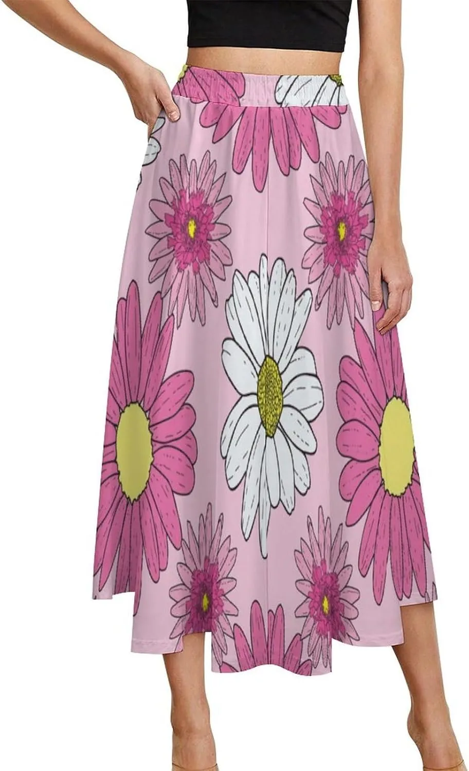 Aesthetic Pink Daisy Printed Midi Skirts High Elastic Waist Ruffle Flowy Spring Skirt