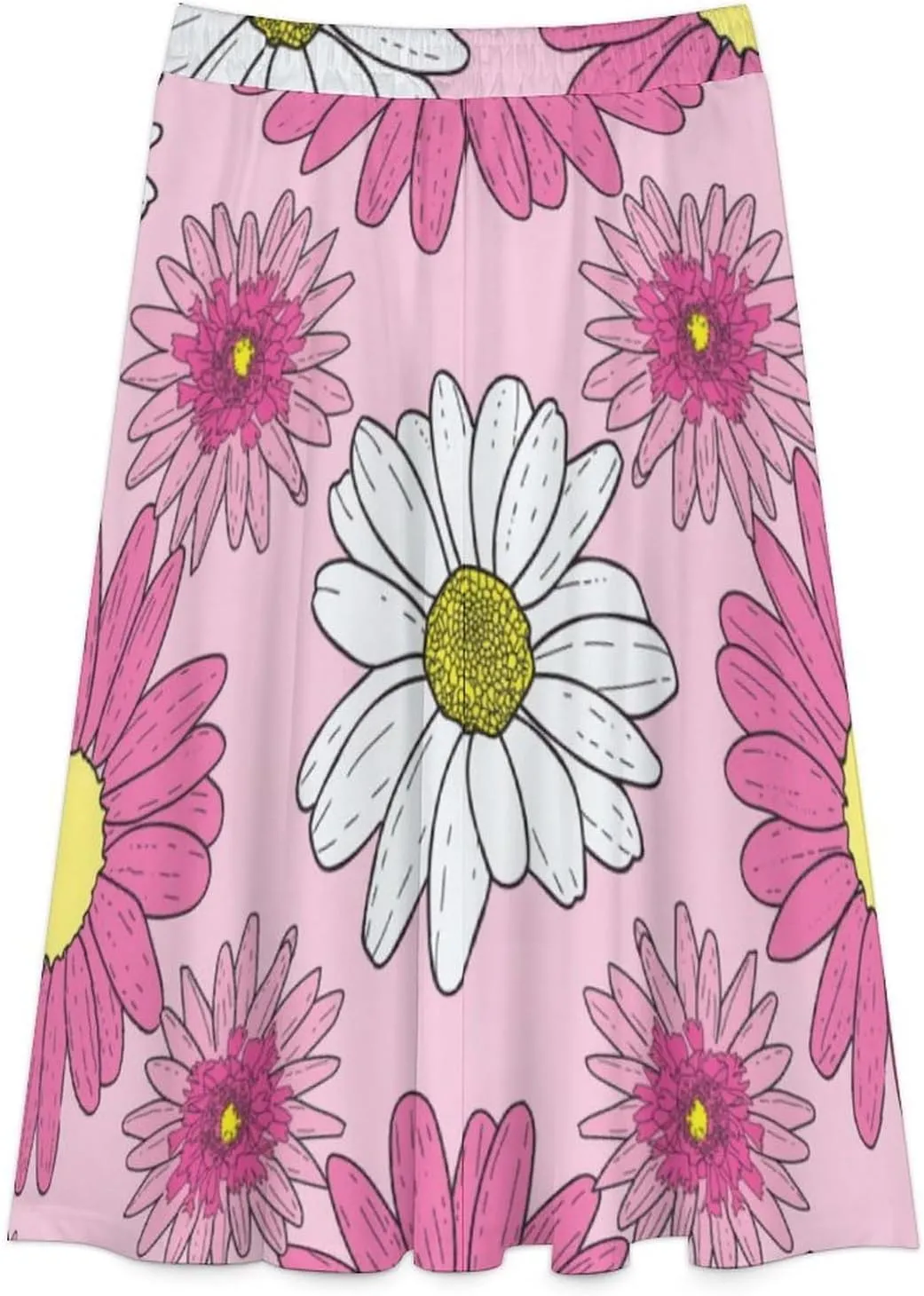 Aesthetic Pink Daisy Printed Midi Skirts High Elastic Waist Ruffle Flowy Spring Skirt