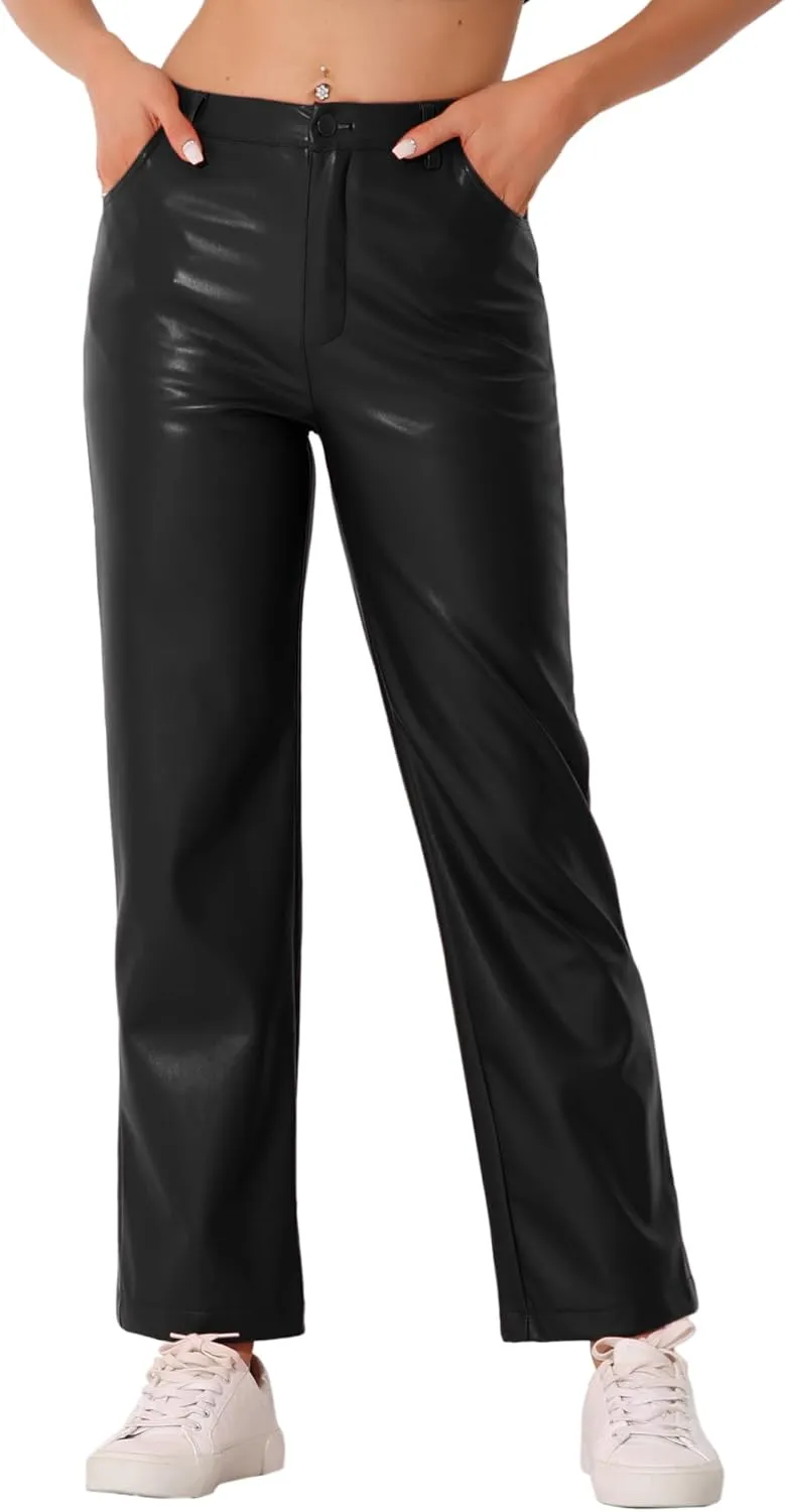 Allegra K Faux Leather Pants for Women's High Waist Straight Leg Punk PU Trousers