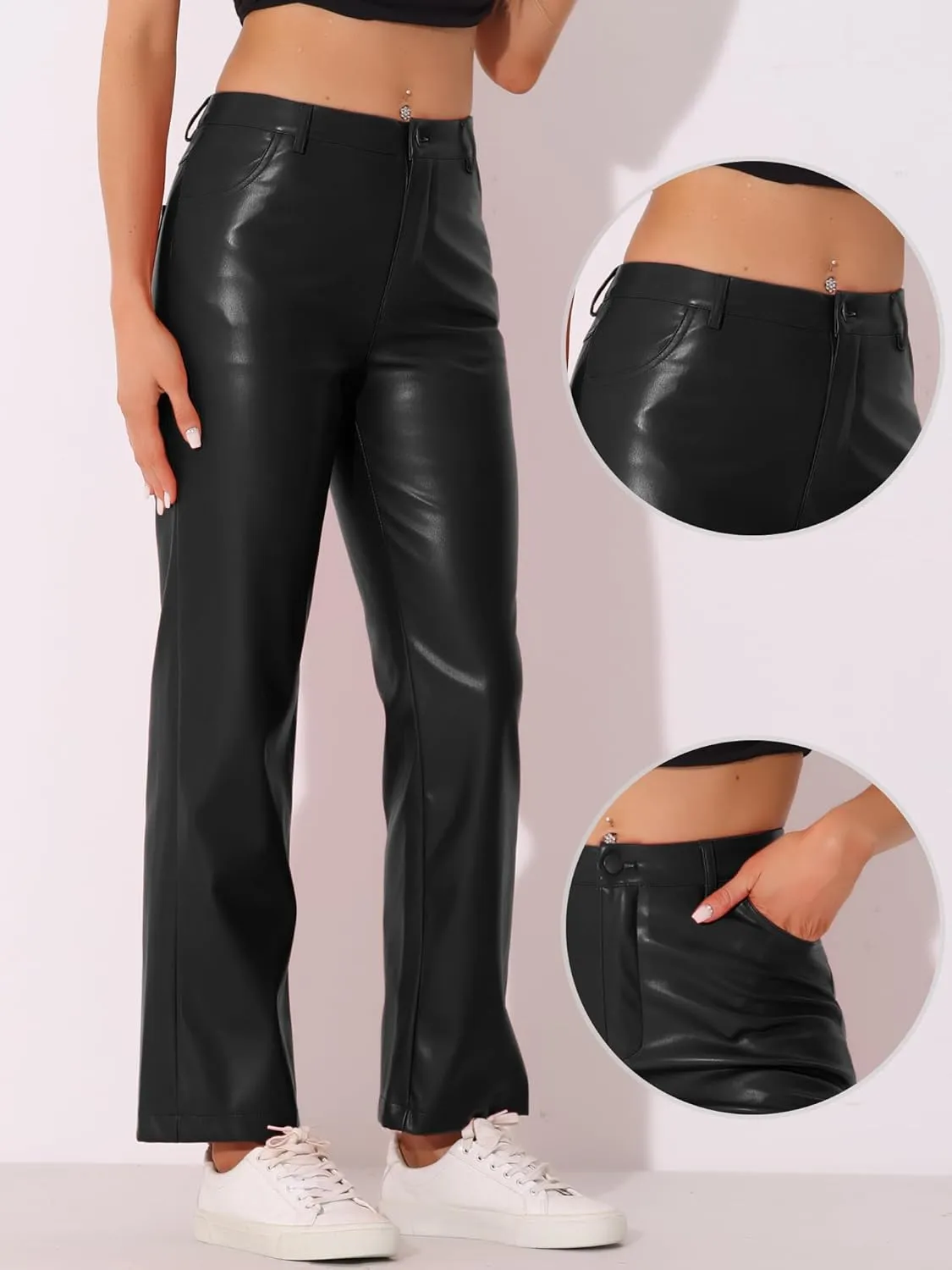Allegra K Faux Leather Pants for Women's High Waist Straight Leg Punk PU Trousers