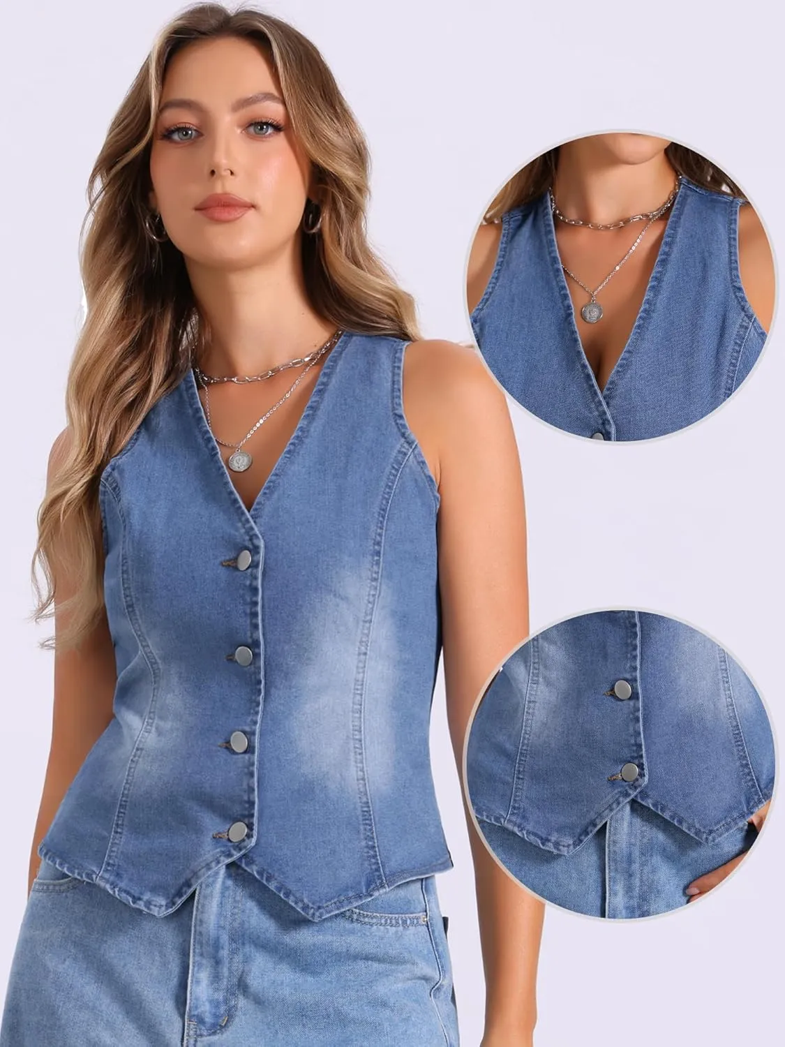 Allegra K V Neck Denim Vest for Women's Sleeveless Button Down Jean Waistcoat Fashion Casual Jacket