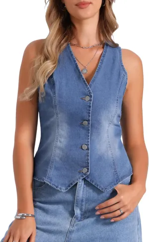 Allegra K V Neck Denim Vest for Women's Sleeveless Button Down Jean Waistcoat Fashion Casual Jacket