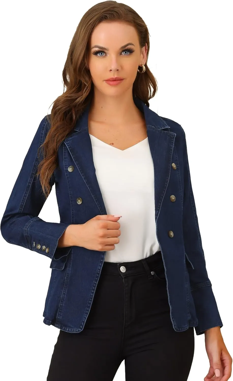 Allegra K Women's Jean Jacket Button Down Notched Lapel Long Sleeve Work Office Denim Blazer Jacket