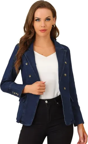 Allegra K Women's Jean Jacket Button Down Notched Lapel Long Sleeve Work Office Denim Blazer Jacket
