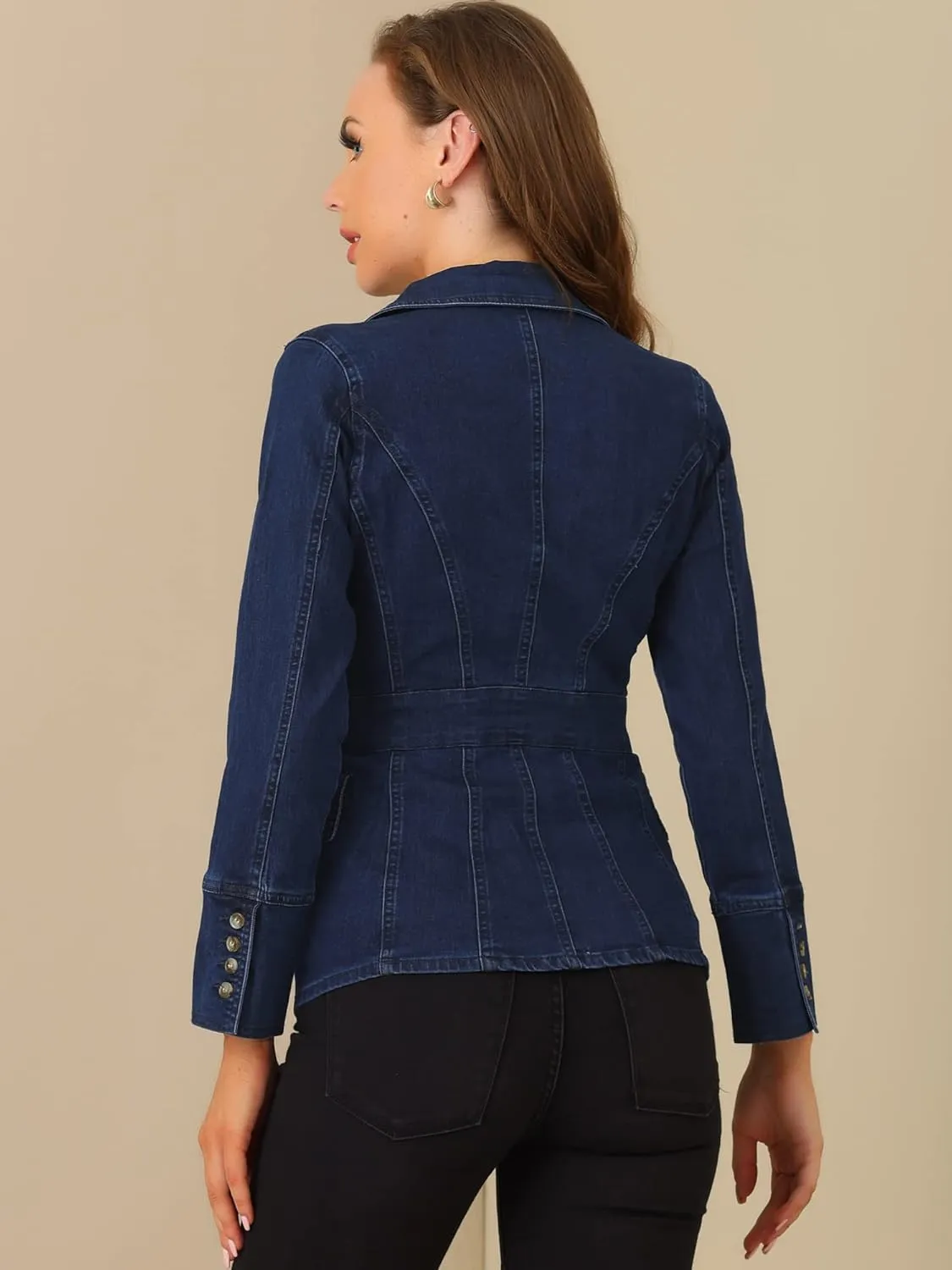 Allegra K Women's Jean Jacket Button Down Notched Lapel Long Sleeve Work Office Denim Blazer Jacket