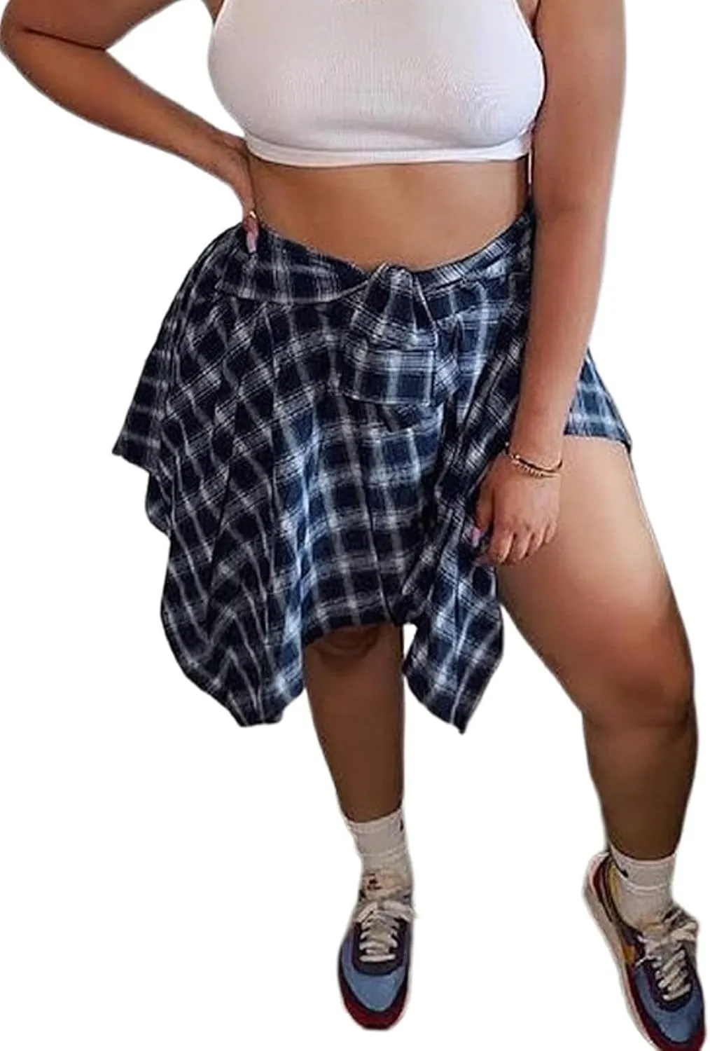 ALLUMK Women Casual Plaid Print Irregular Hem Mini Skirts High Waist A-Line Skirts with Belt