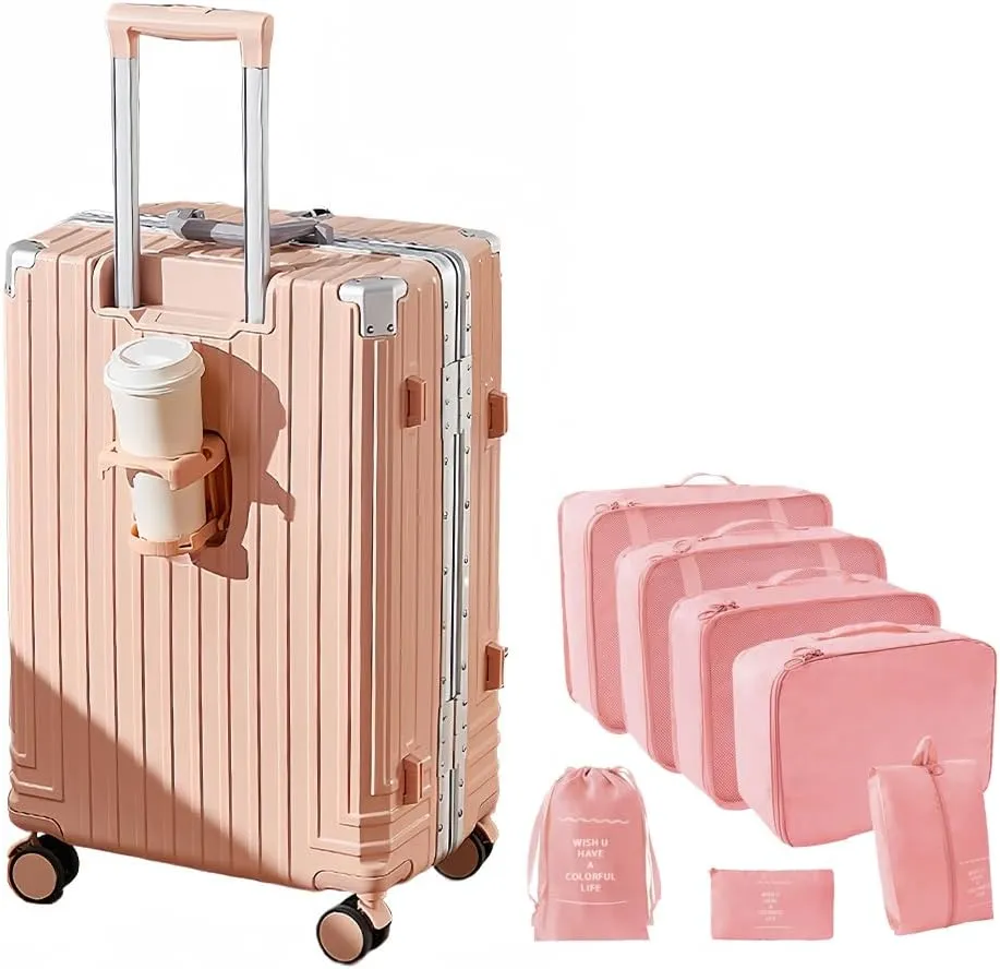 Aluminum Frame Carry-on Luggage, Hardside Carry-on Suitcase, Zipperless Suitcase, Spinner Luggage with Cup Holder and TSA Locks (Pink   Organizer Bags, 24-Inch)
