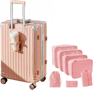 Aluminum Frame Carry-on Luggage, Hardside Carry-on Suitcase, Zipperless Suitcase, Spinner Luggage with Cup Holder and TSA Locks (Pink   Organizer Bags, 24-Inch)