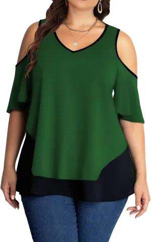 AMCLOS Womens Plus Size Tops Cold Shoulder V Neck T Shirt Short Sleeve Summer Casual Tunic