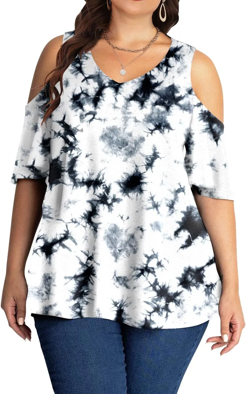 AMCLOS Womens Plus Size Tops Cold Shoulder V Neck T Shirt Short Sleeve Summer Casual Tunic