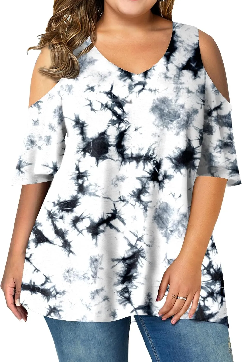 AMCLOS Womens Plus Size Tops Cold Shoulder V Neck T Shirt Short Sleeve Summer Casual Tunic