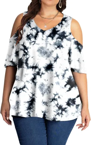 AMCLOS Womens Plus Size Tops Cold Shoulder V Neck T Shirt Short Sleeve Summer Casual Tunic