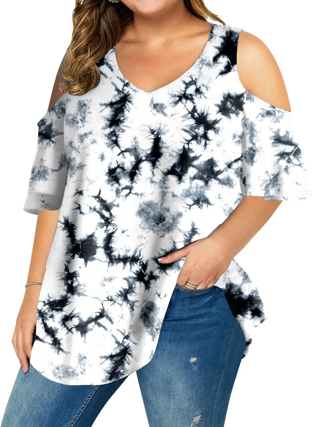 AMCLOS Womens Plus Size Tops Cold Shoulder V Neck T Shirt Short Sleeve Summer Casual Tunic