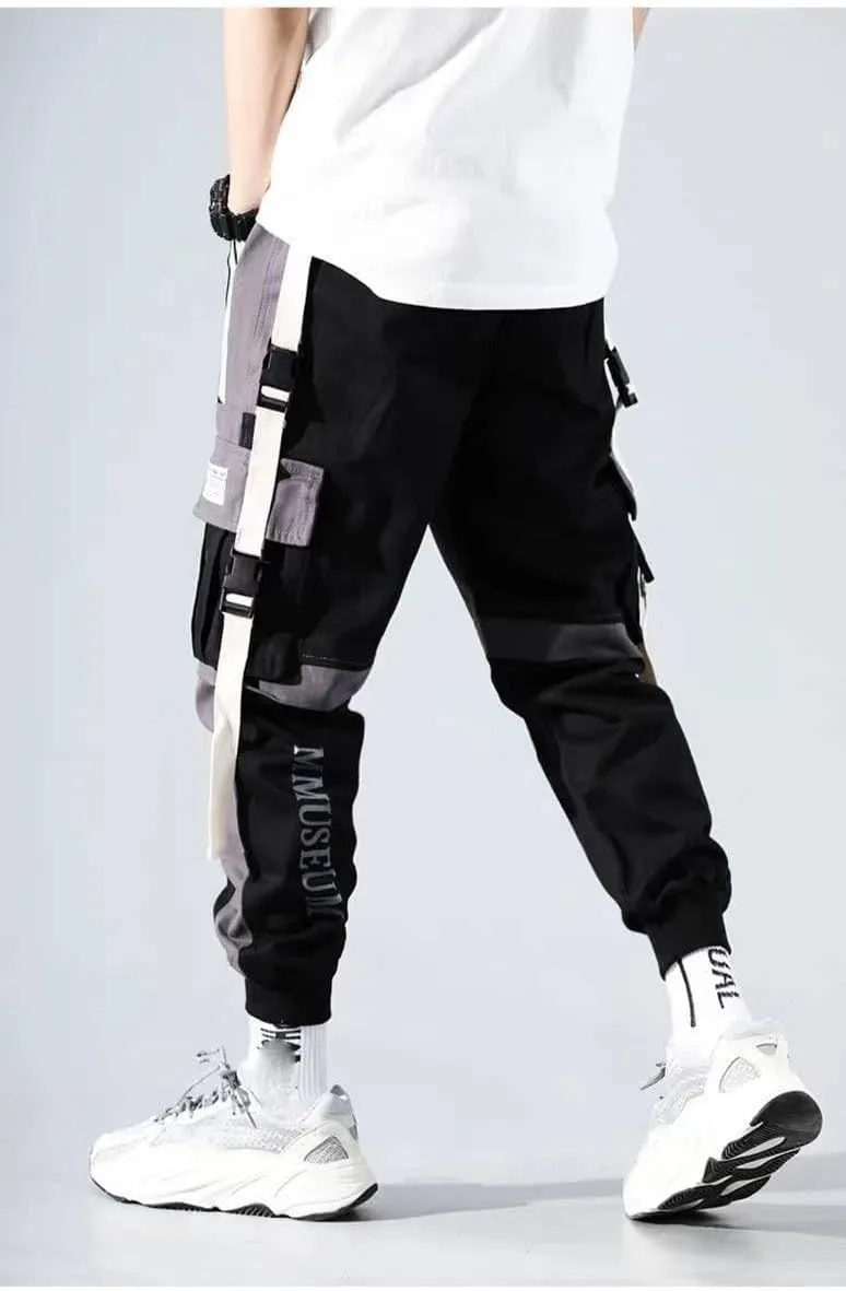 Aoleaky Streetwear Casual Men's Harem Jogging Pants with Ribbons Slim Fit Spring Cargo Pants and Multiple-Pocket Trousers
