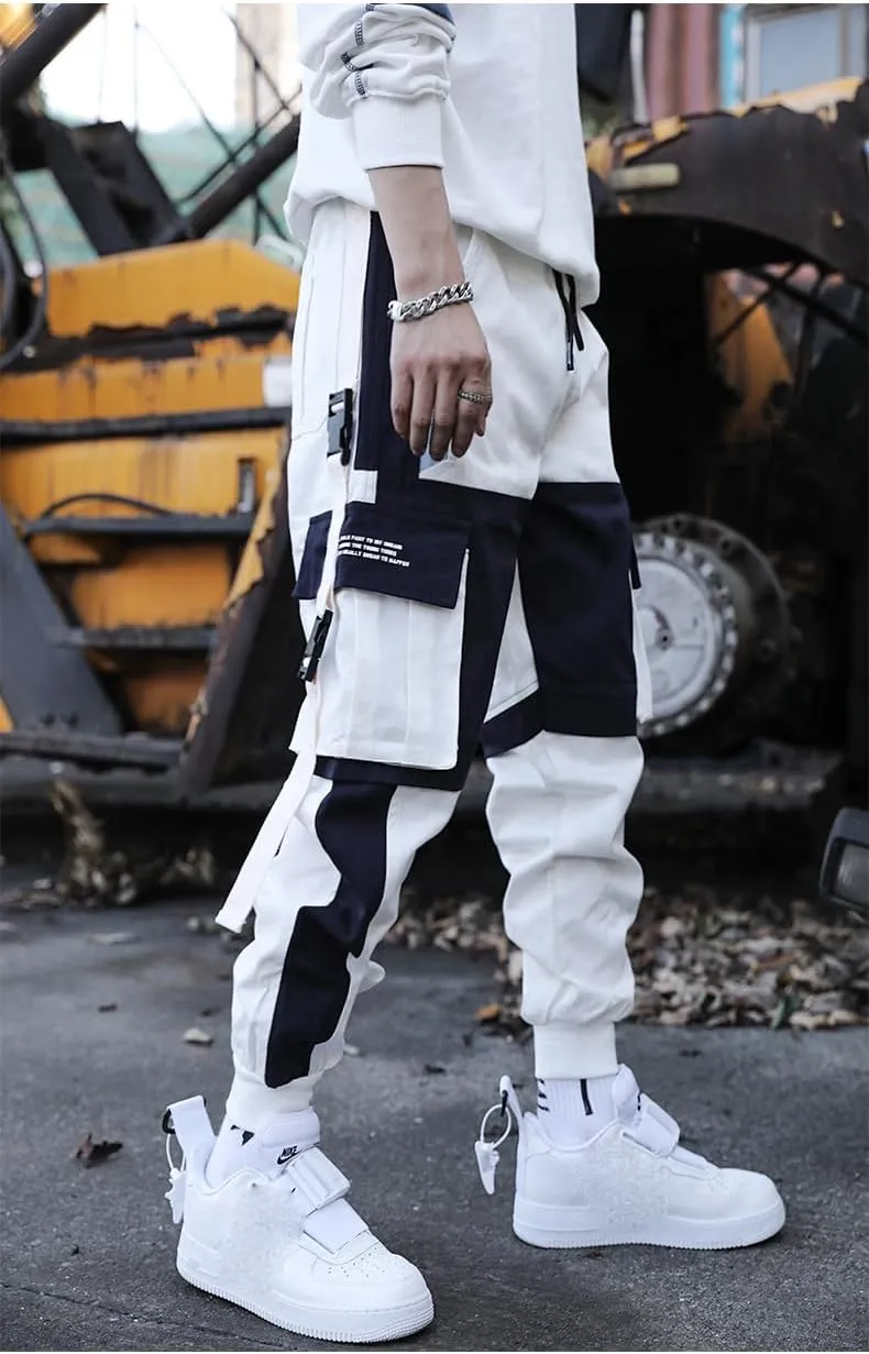 Aoleaky Streetwear Casual Men's Harem Jogging Pants with Ribbons Slim Fit Spring Cargo Pants and Multiple-Pocket Trousers