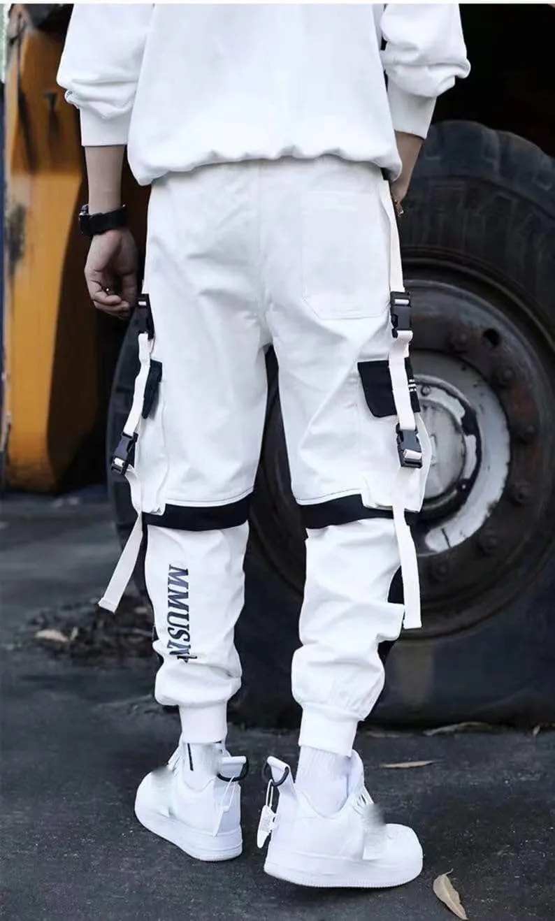 Aoleaky Streetwear Casual Men's Harem Jogging Pants with Ribbons Slim Fit Spring Cargo Pants and Multiple-Pocket Trousers
