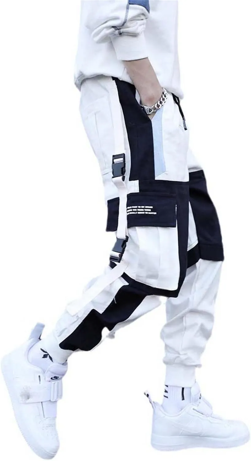 Aoleaky Streetwear Casual Men's Harem Jogging Pants with Ribbons Slim Fit Spring Cargo Pants and Multiple-Pocket Trousers