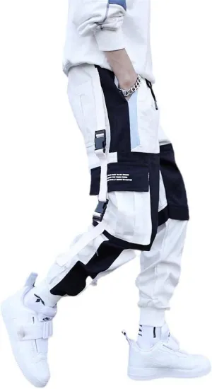 Aoleaky Streetwear Casual Men's Harem Jogging Pants with Ribbons Slim Fit Spring Cargo Pants and Multiple-Pocket Trousers