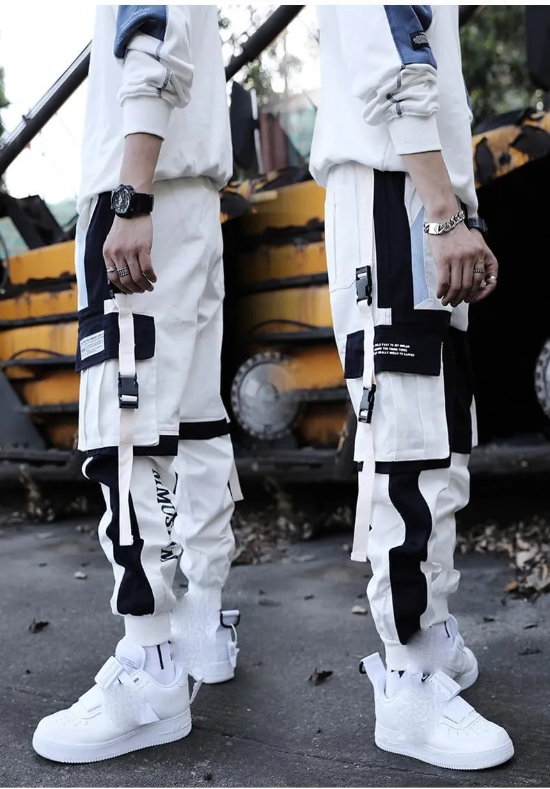 Aoleaky Streetwear Casual Men's Harem Jogging Pants with Ribbons Slim Fit Spring Cargo Pants and Multiple-Pocket Trousers
