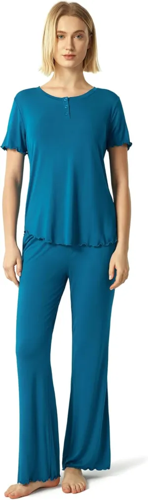 Bamboo Viscose Women's Pajama Sets Short Sleeve Top and Pants Two Piece Sleep Set