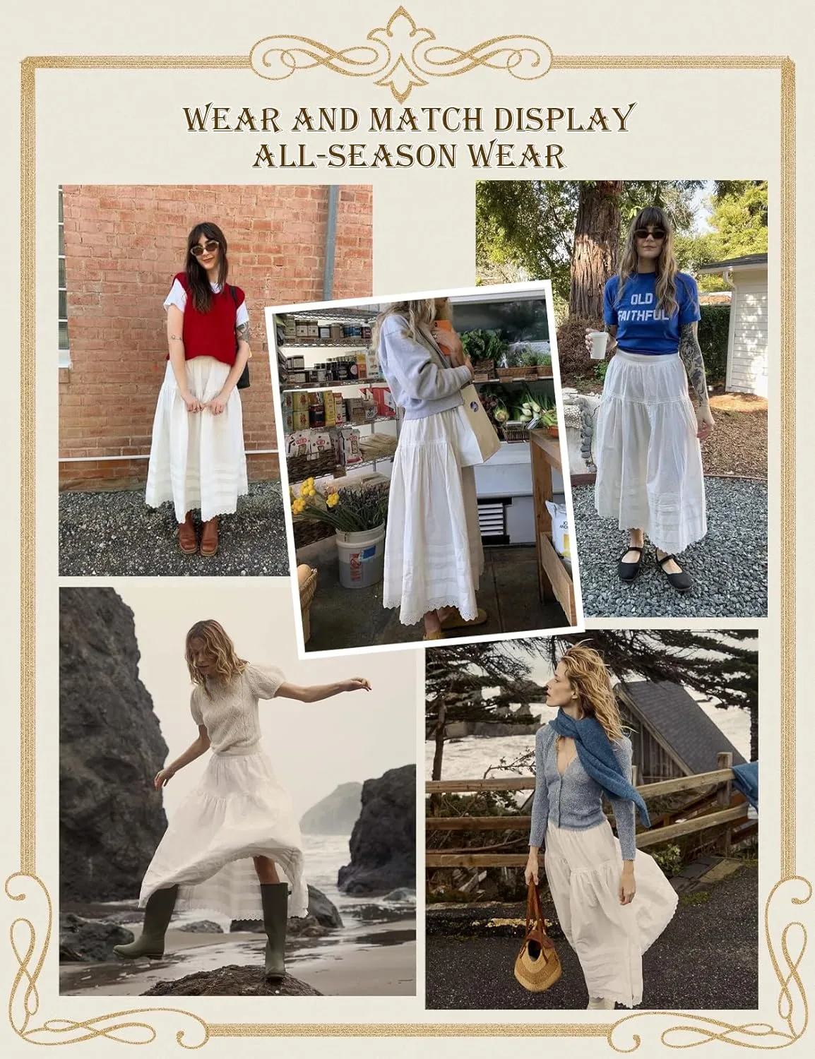 BEAUTELICATE Women Edwardian Long Skirt A-Line Lace Trim Pintuck Tier Skirt 100% Cotton