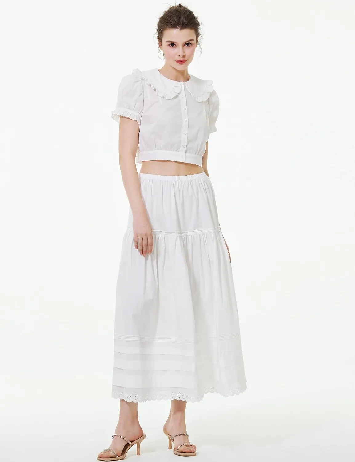BEAUTELICATE Women Edwardian Long Skirt A-Line Lace Trim Pintuck Tier Skirt 100% Cotton