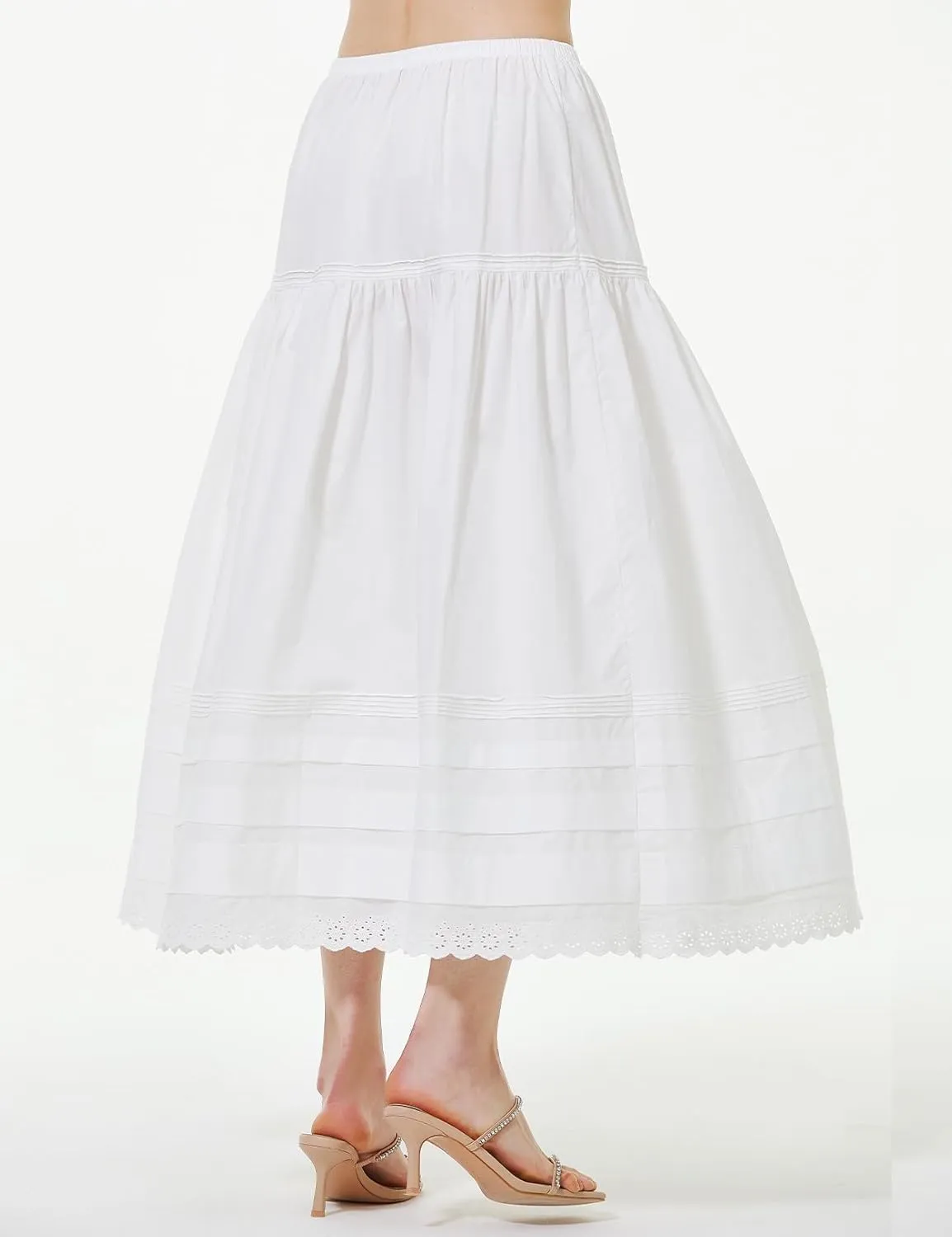 BEAUTELICATE Women Edwardian Long Skirt A-Line Lace Trim Pintuck Tier Skirt 100% Cotton
